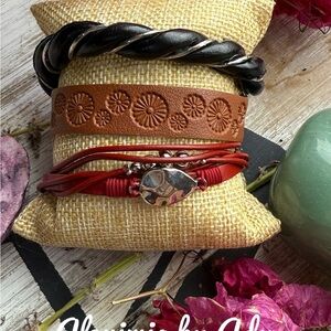 Brown and Red Leather Bracelet Set